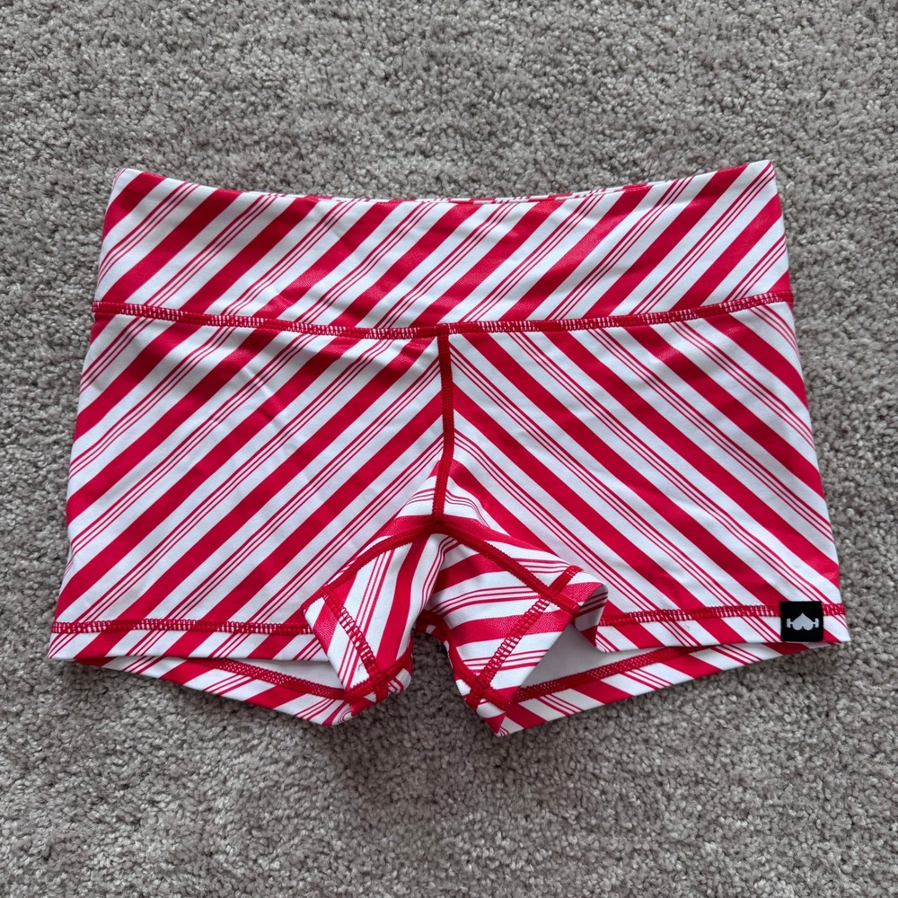 WODBOTTOM Womens Red White Candy Cane Striped Booty Shorts Sz Small Gym Workout